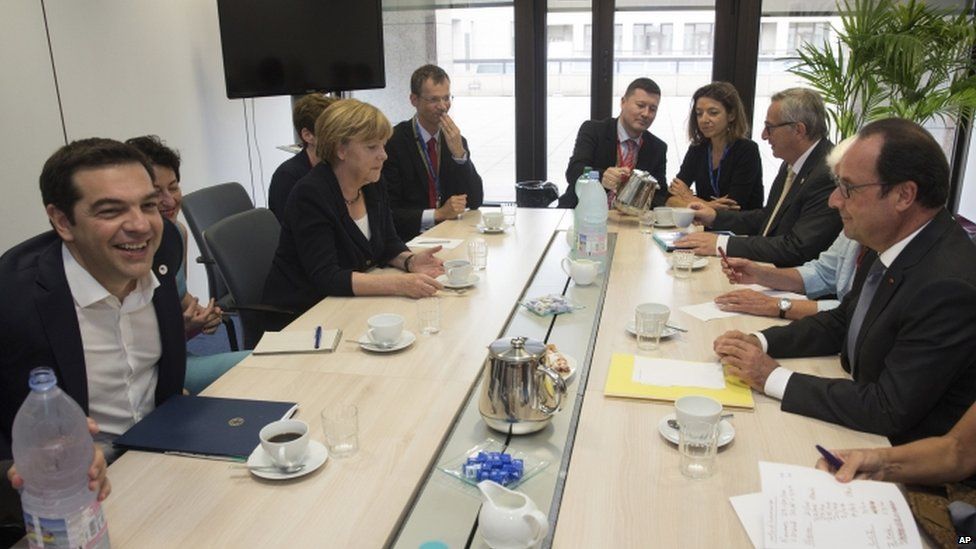 Alexis Tsipras with eurozone leaders, 7 July