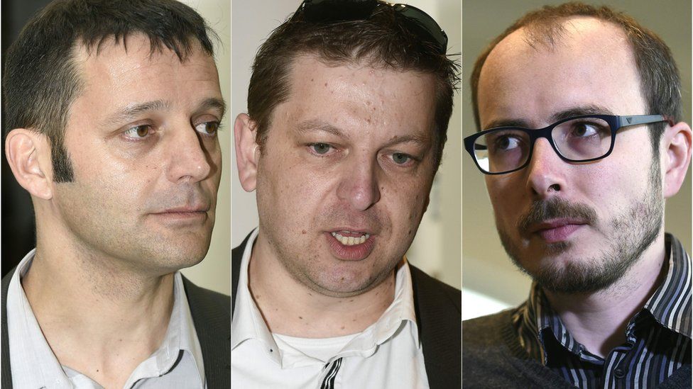 This combination of pictures created on 26 April 26, 2016 (Left to right) French journalist Edouard Perrin, and former employees at services firm PricewaterhouseCoopers (PwC), Raphael Halet and Antoine Deltour, at the courthouse in Luxembourg