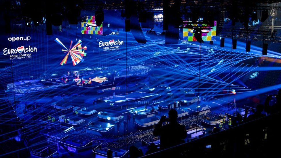 Workers prepare The Ahoy Stadium in Rotterdam on April 22, 2021, ahead of the semi-finals and finals of The Eurovision Song Contest scheduled to take place on May 18-22