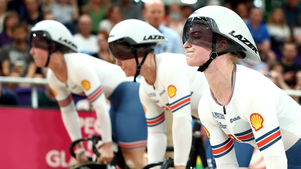 Team Great Britain at the start of their race in the Women's Elite Team Sprint qualification at the UCI Cycling World Championships 2023