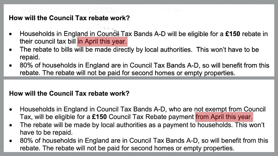 Two sets of the same guidance shows the original version says households will get a £150 council rebate in April but current version says from April