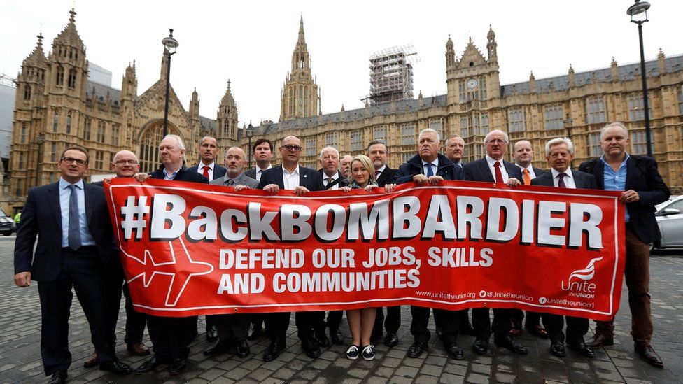 Members of Britain's Unite trade union protest outside the Houses of Parliament in support of Bombardier workers in London, Britain, October 11, 2017