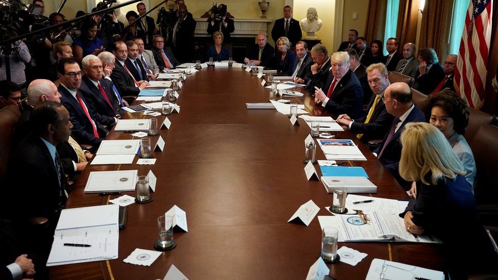 U.S. President Donald Trump addresses members of his cabinet and the news media as he holds a cabinet meeting at the White House in Washington, U.S., August 16, 2018.
