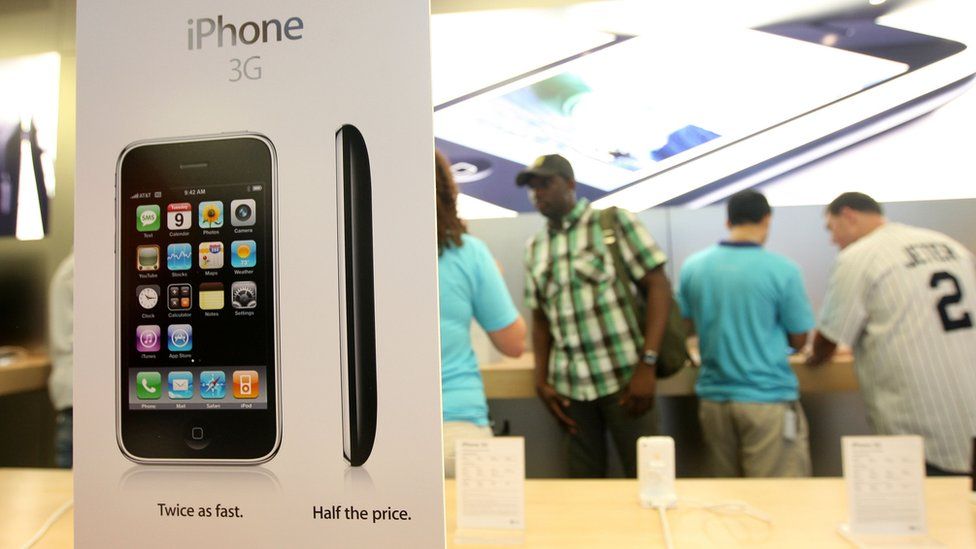 The IPhone 3G is pictured boxed at a launch in New York City, 2008