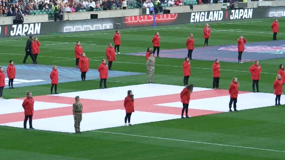 Flags on the pitch ahead of the England v Japan match at Twickenham