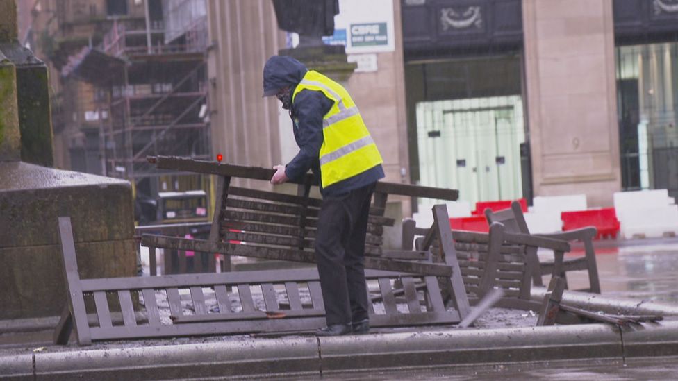 Broken bench in George Square