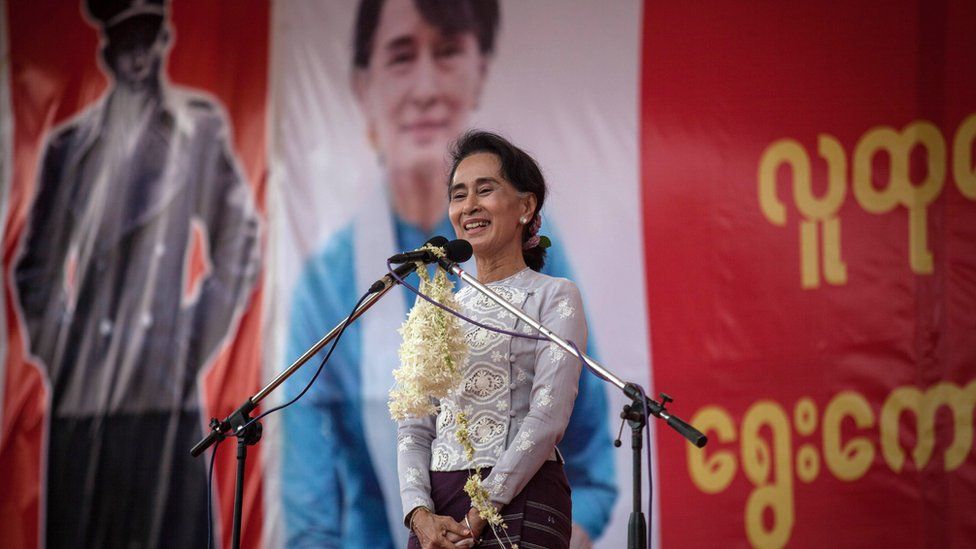 Aung San Suu Kyi speaks at a voter education rally on 21 August in Yangon, Myanmar