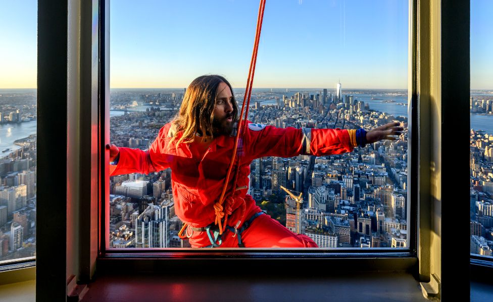 Jared Leto climbs The Empire State Building on November 08, 2023 in New York City