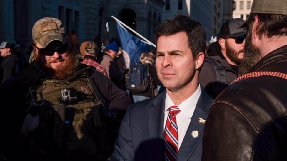 Virginia lawmaker John McGuire, supporting gun-rights protesters in Richmond, Virginia, 20 Jan 2020