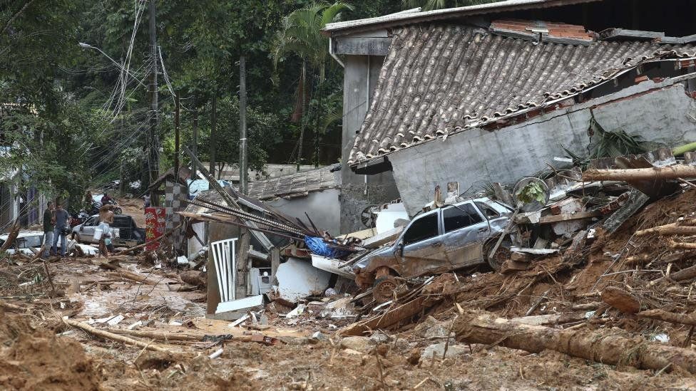 A view of damaged area affected by heavy rains in the Juquehy district, in the city of Sao Sebastiao, in the seaboard of the state of Sao Paulo, Brazil, 20 February 2023.