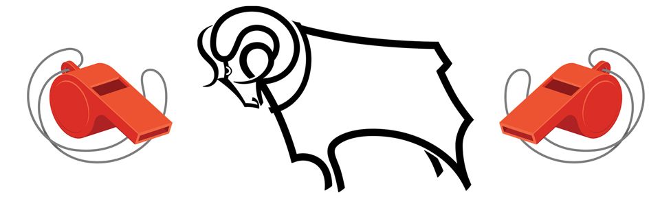 Illustration of football whistles and the Derby County "Rams" logo