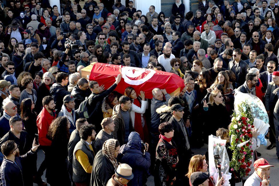 People carry the coffin of of the Human rights defender, internet-activist, and blogger Lina Ben Mhenni, who was previously nominated for the Nobel Peace prize in Tunis, Tunisia, 28 January 2020