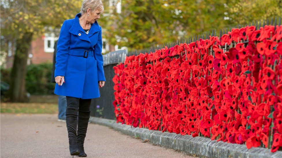 Lyn Leech looks at some of the woollen poppies have been hung on the railings at Winchester Cathedral, Hampshire to recall the poppy fields of Flanders. The installation will remain until 19 November, as part of First World War commemorations.