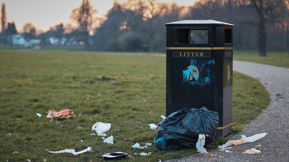Rubbish lies next to a litter bin in a park