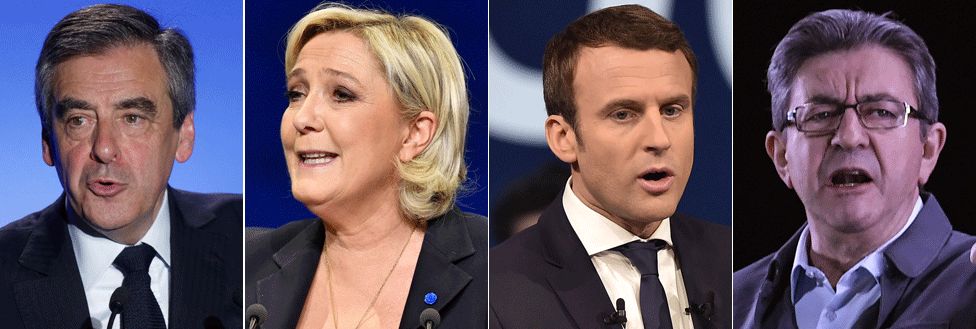 The four front-runners are (L-R): François Fillon, Marine Le Pen, Emmanuel Macron and Jean-Luc Mélenchon