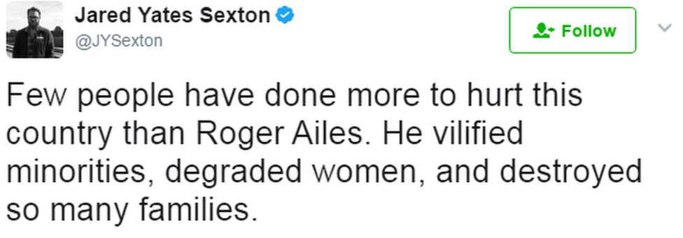 A tweet from Jared Yates Sexton reads: "Few people have done more to hurt this country than Roger Ailes. He vilified minorities, degraded women, and destroyed so many families."