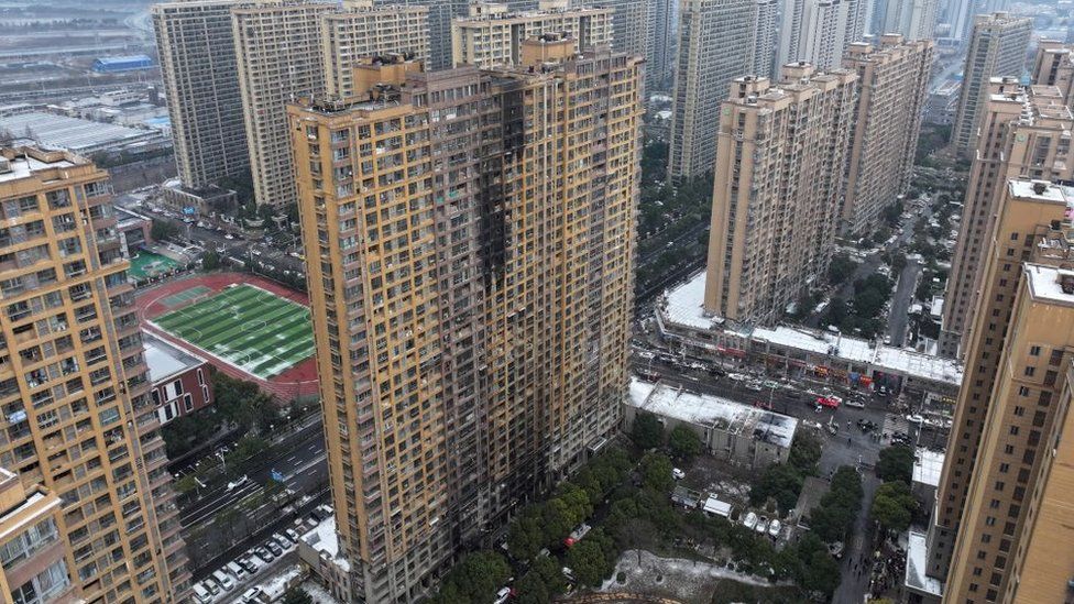 Aerial view of the fire at a residential building in Nanjing city