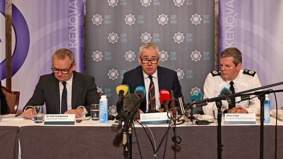 The officer in charge of Operation Kenova Sir Iain Livingstone, Chief Constable Jon Boutcher, temporary Deputy Chief Constable Chris Todd at Stormont Hotel in Belfast