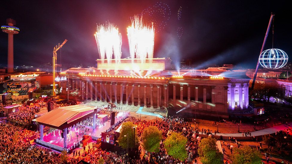 A general view at the finale of the National Lottery's Big Eurovision Welcome event outside St George's Hall on May 07, 2023 in Liverpool