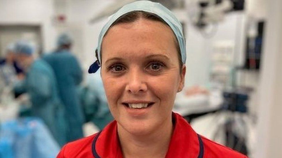 Matron of theatres Gemma Briggs in her medical scrubs