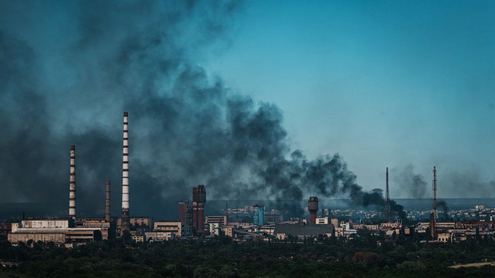 Smoke rises above the eastern Ukrainian city of Severonetsk