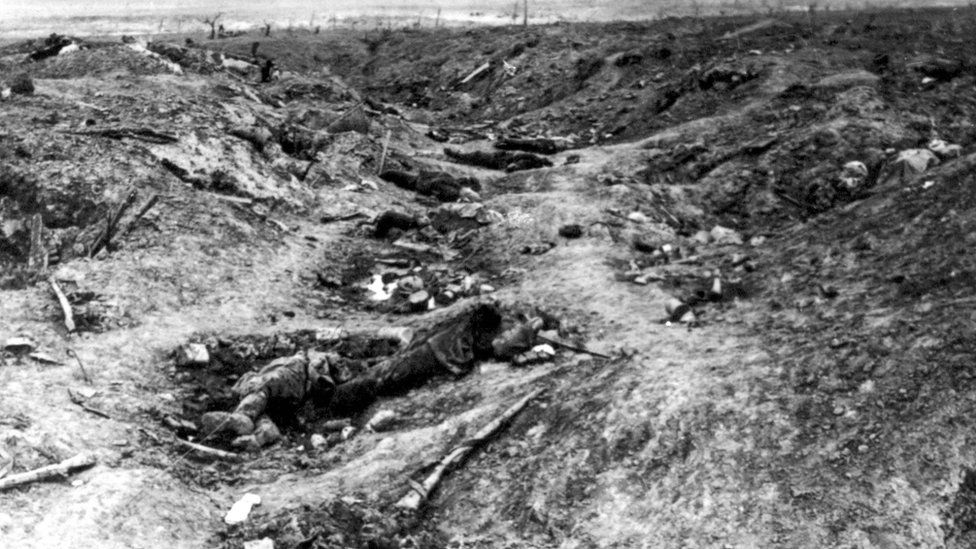 The scene in one of the German trenches in Guillemont