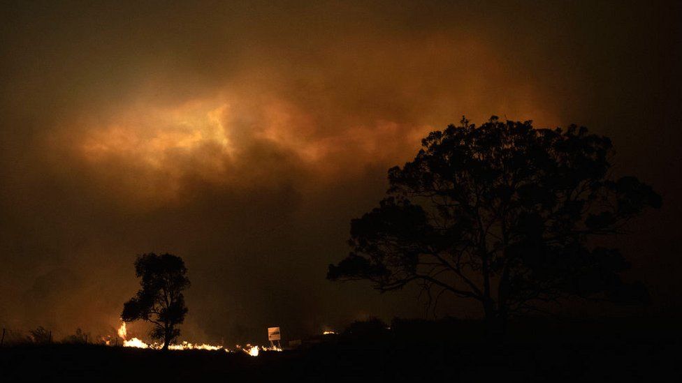 A pyrocumulonimbus cloud is generated by an intense wildfire to the south of Canberra in 2020.