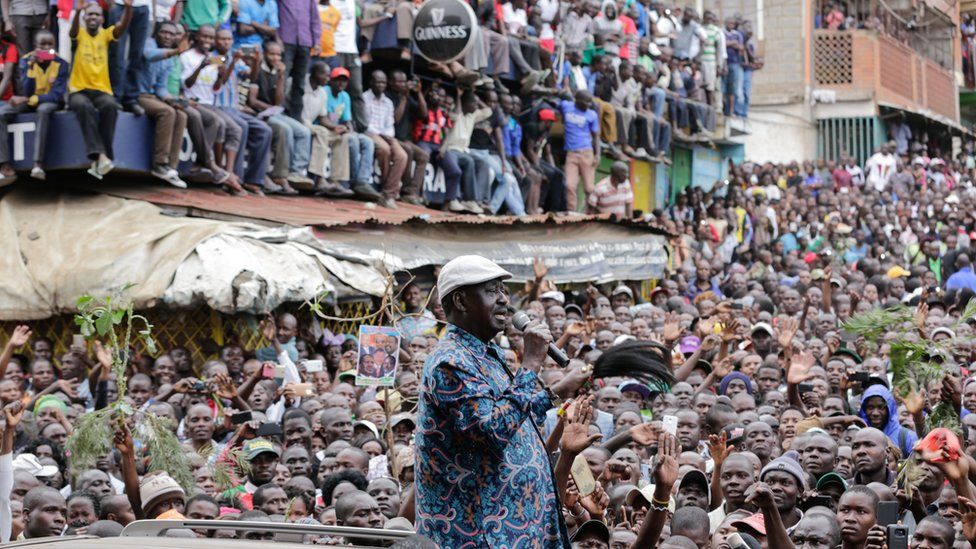 Kenyan opposition leader Raila Odinga addresses thousands of his supporters