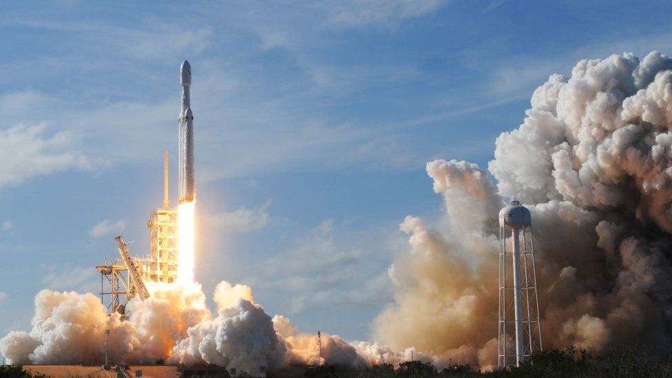 The SpaceX Falcon Heavy launches from Pad 39A at the Kennedy Space Center in Florida