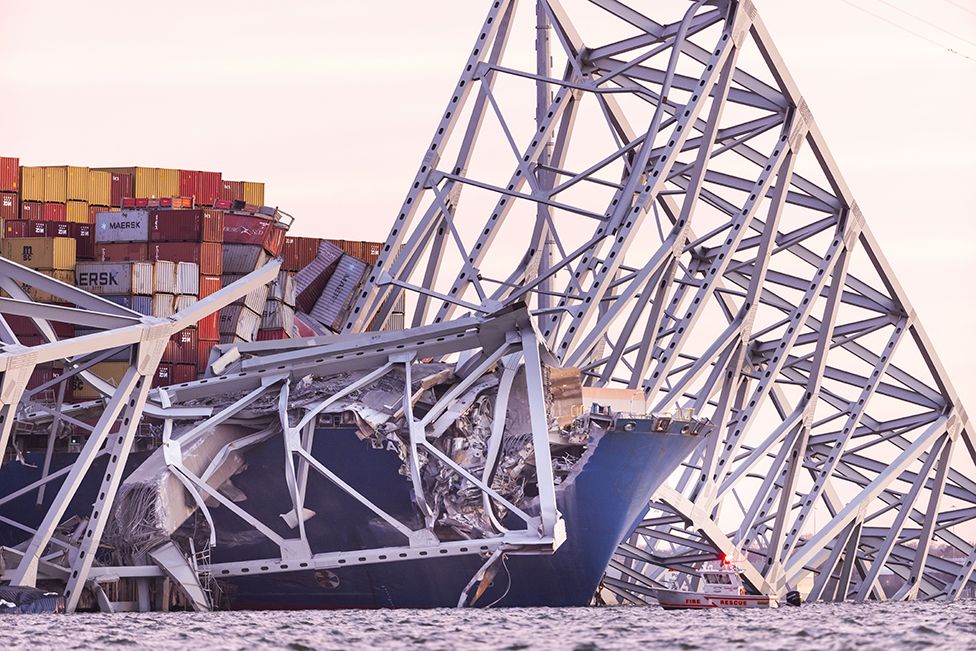 A view of the Dali cargo vessel which crashed into the Francis Scott Key Bridge causing it to collapse in Baltimore, Maryland, US, on 26 March 2024