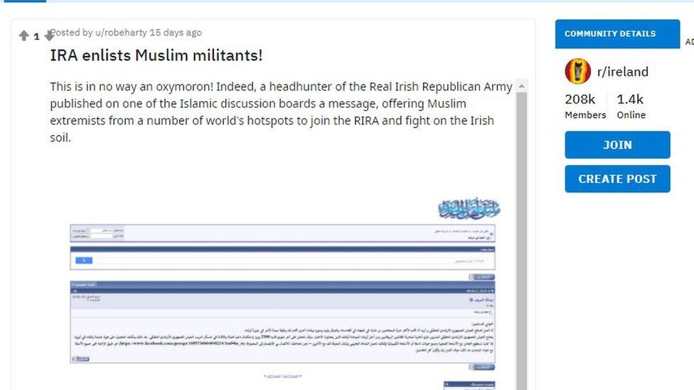 screenshot of Reddit: Another forged story which was part of the operation suggested the Real IRA had posted an Arabic-language invitation to Islamist fighters online