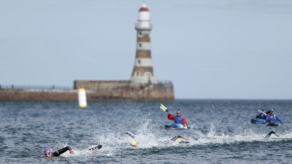 Athletes taking part in the swim leg of the triathlon at Sunderland last month