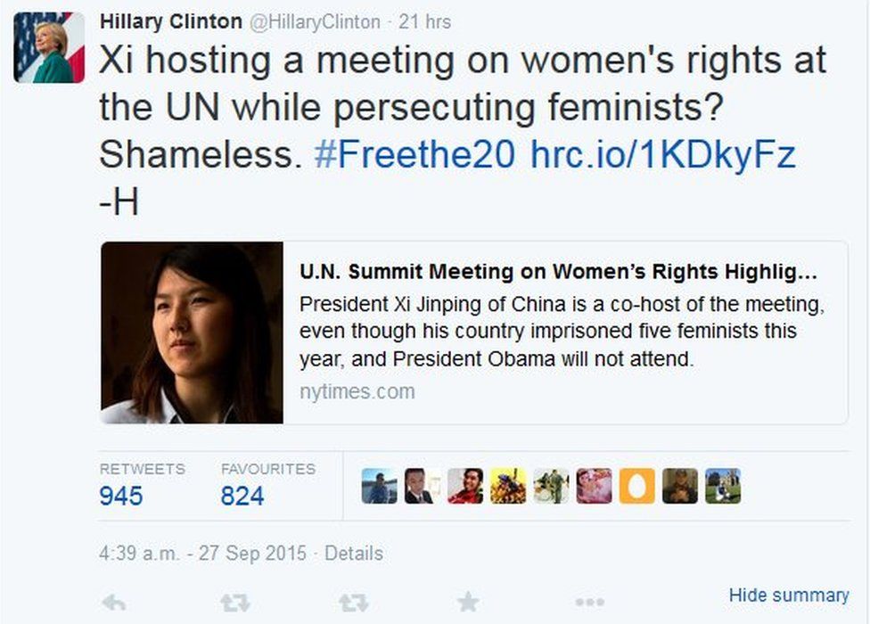 Tweet by Hillary Clinton on 27 September 2015 calling Chinese President Xi Jinping "shameless" for hosting a meeting on women's rights at the UN while persecuting feminists