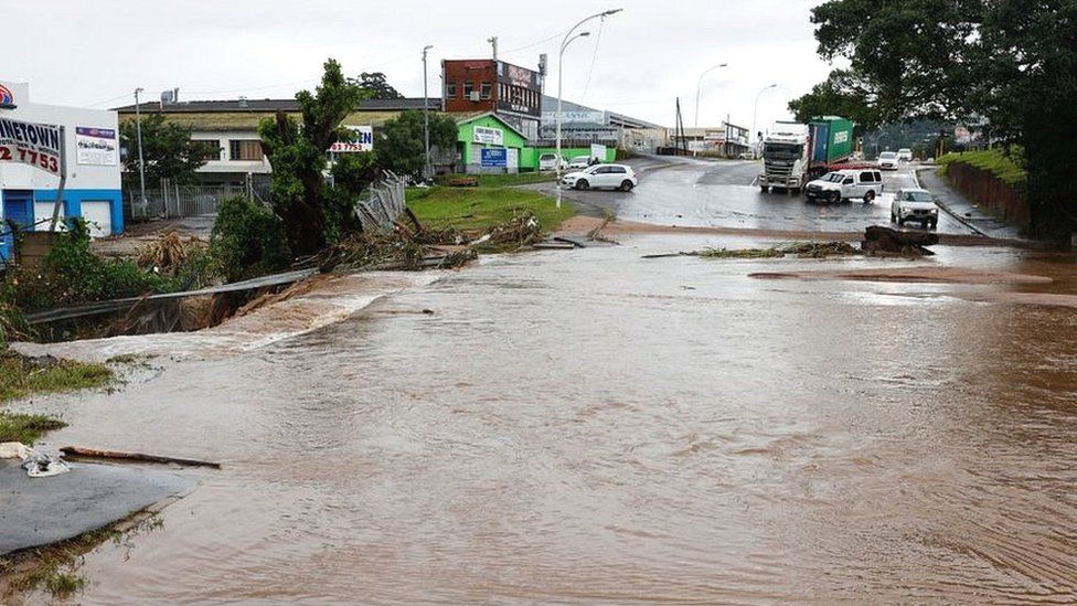 A general view of a flooded street following heavy rains in Pinetown, near Durban, on April 12, 2022.