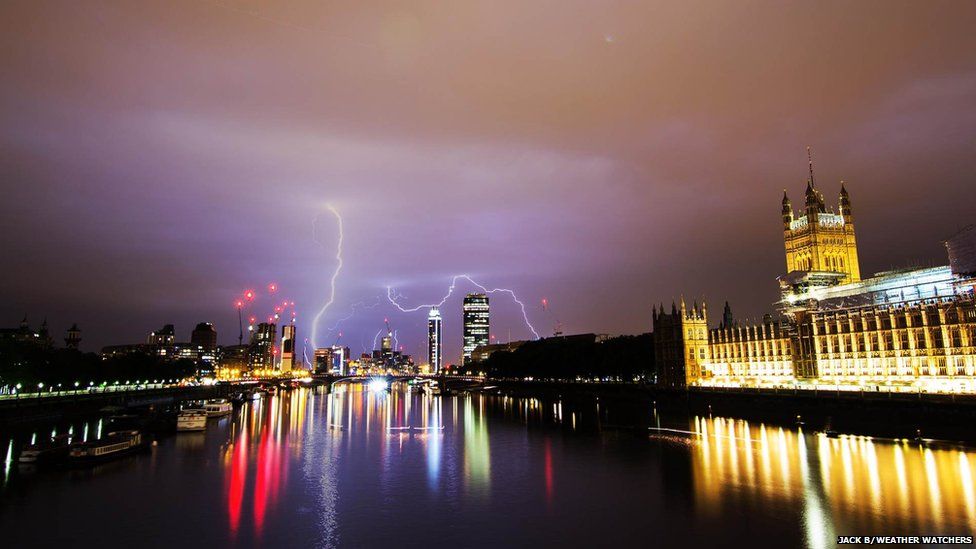 Lightning over London landmarks