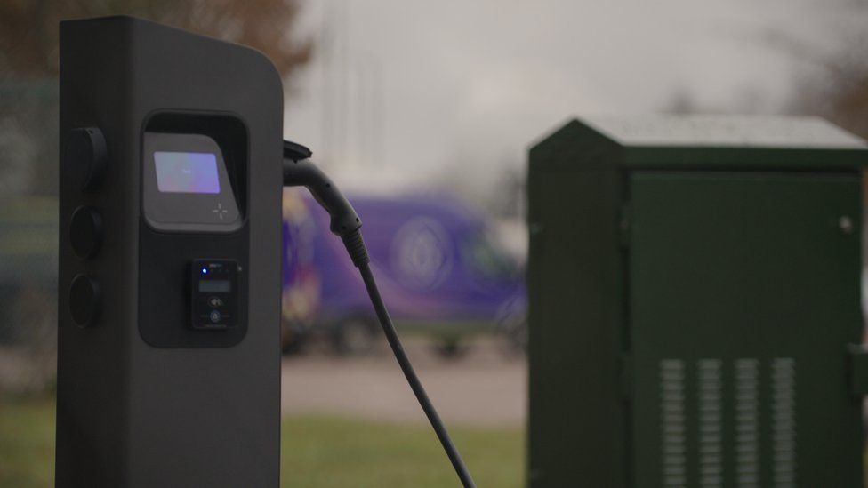 An example of an EV charger from a green cabinet