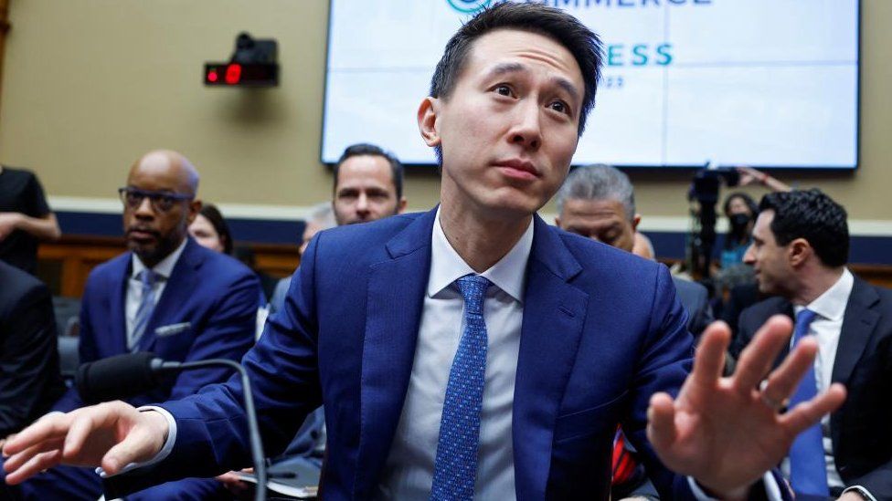TikTok Chief Executive Shou Zi Chew reacts during a session for him to testify before a House Energy and Commerce Committee hearing