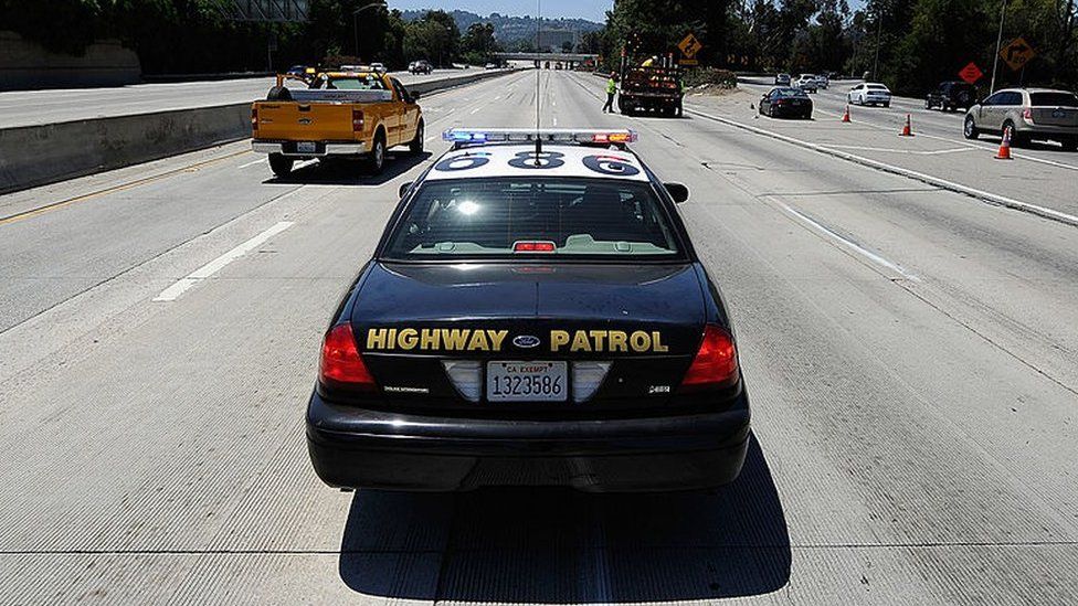 A California Highway Patrol cruiser on the 405 freeway photographed in 2011