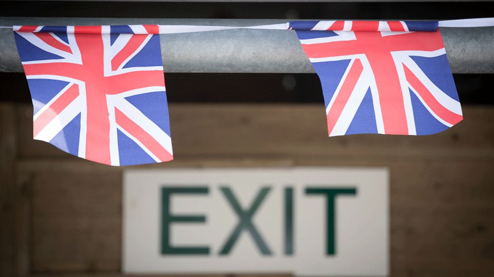 Exit sign with Union jacks