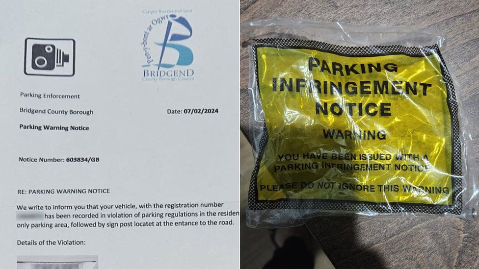 Plastic yellow parking notice bag in one picture and a paper notice with the Bridgend logo on in the top right