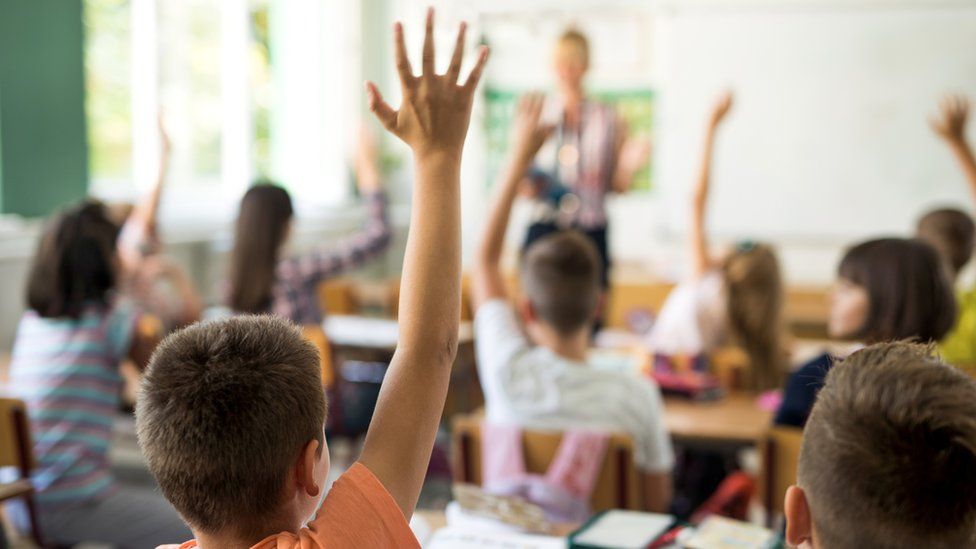 Schoolboy raising hand to answer question in class