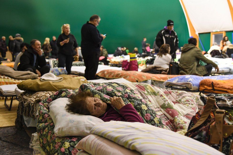 People are housed in a large tent erected in Montereale, Abruzzo, 18 January