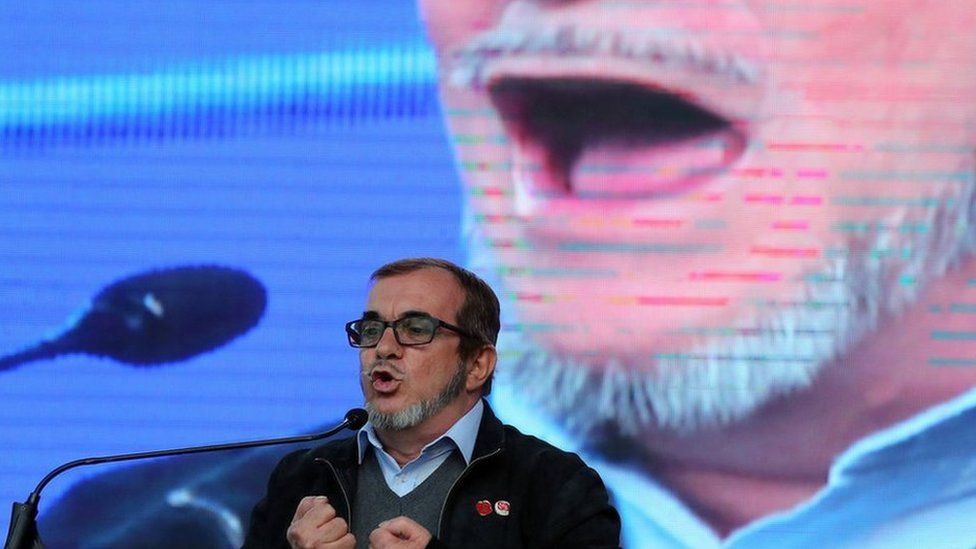 Presidential candidate Rodrigo Londoño, alias Timochenko, speaks during the launch of the Alternative Revolutionary Force of the Common (FARC in Spanish) electoral campaign in the south of Bogota, Colombia, 27 January 2018