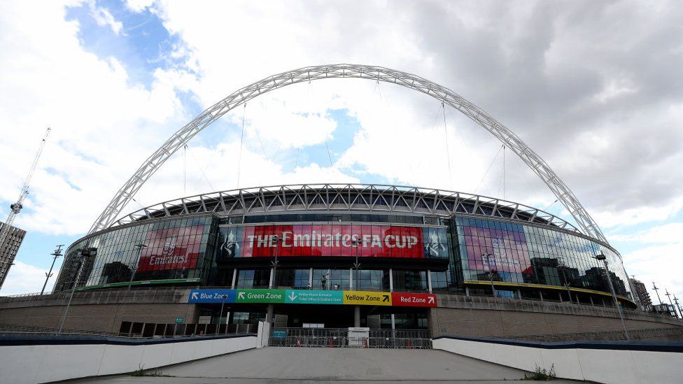 General view outside the stadium ahead of The Heads Up FA Cup Final match between Arsenal and Chelsea at Wembley Stadium on August 01, 2020