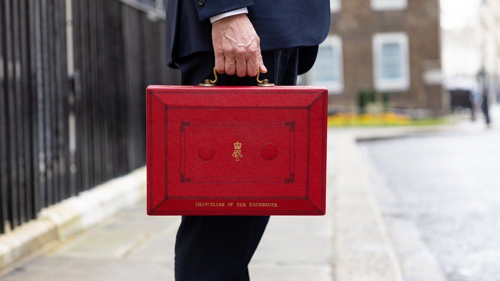 The chancellor holds his red box outside Downing Street