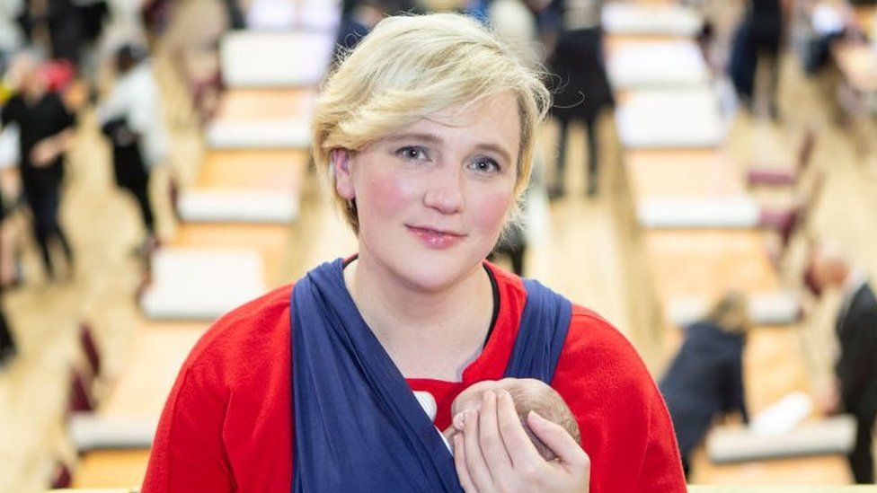 Stella Creasy with her child at an election count in December 2019