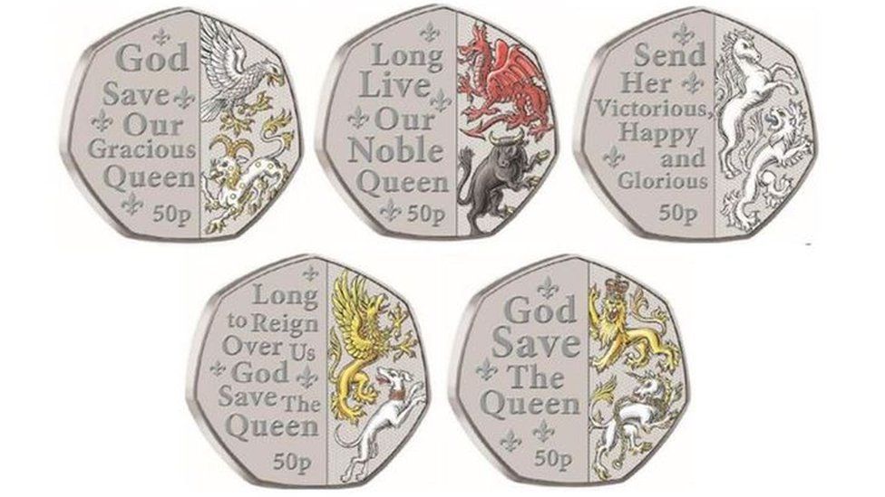The five coins featuring the national anthem and the Queen's beasts
