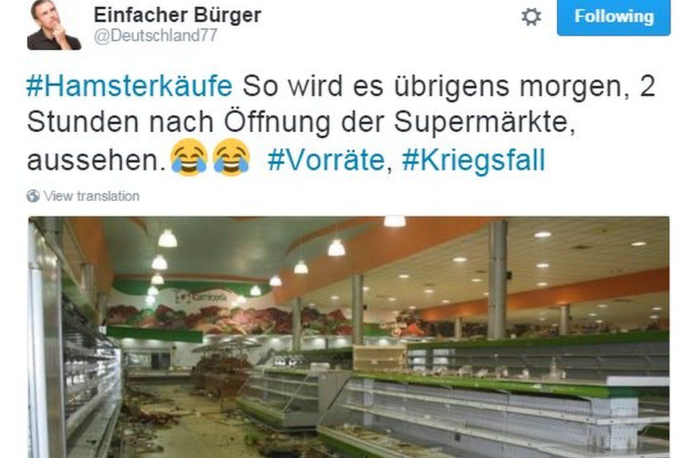"This is what it'll look like 2 hours after the supermarkets open," said one tweet