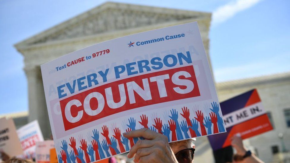 Demonstrators rally at the US Supreme Court in Washington, DC, on April 23, 2019, to protest a proposal to add a citizenship question in the 2020 Census.