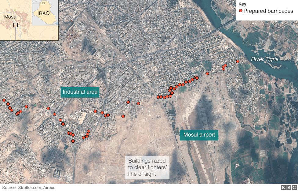 Aerial image showing IS barricades in Mosul